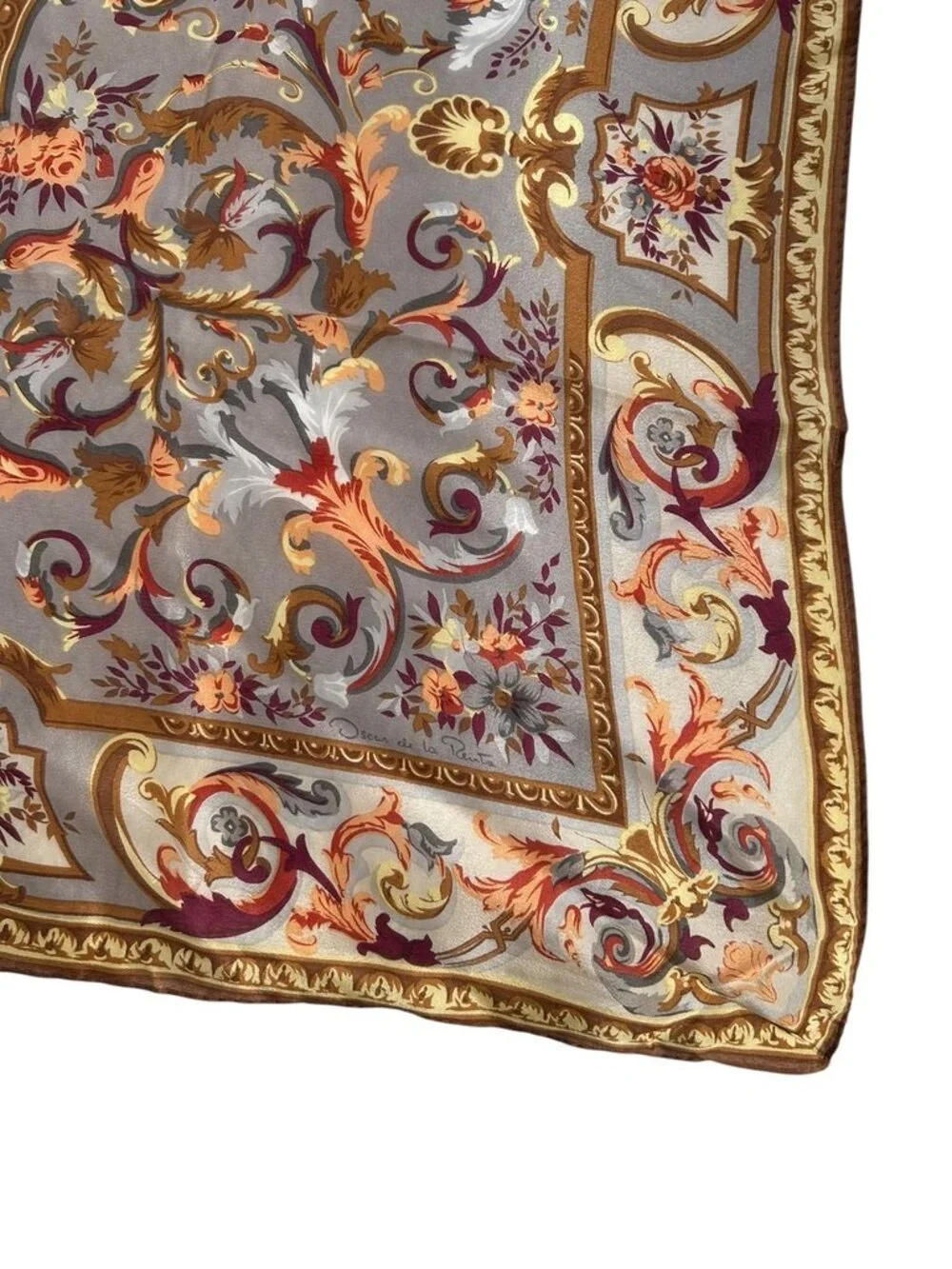 Oscar de la Renta gold burgundy floral Silk vintage Spring hand sewn scarf 31 sq